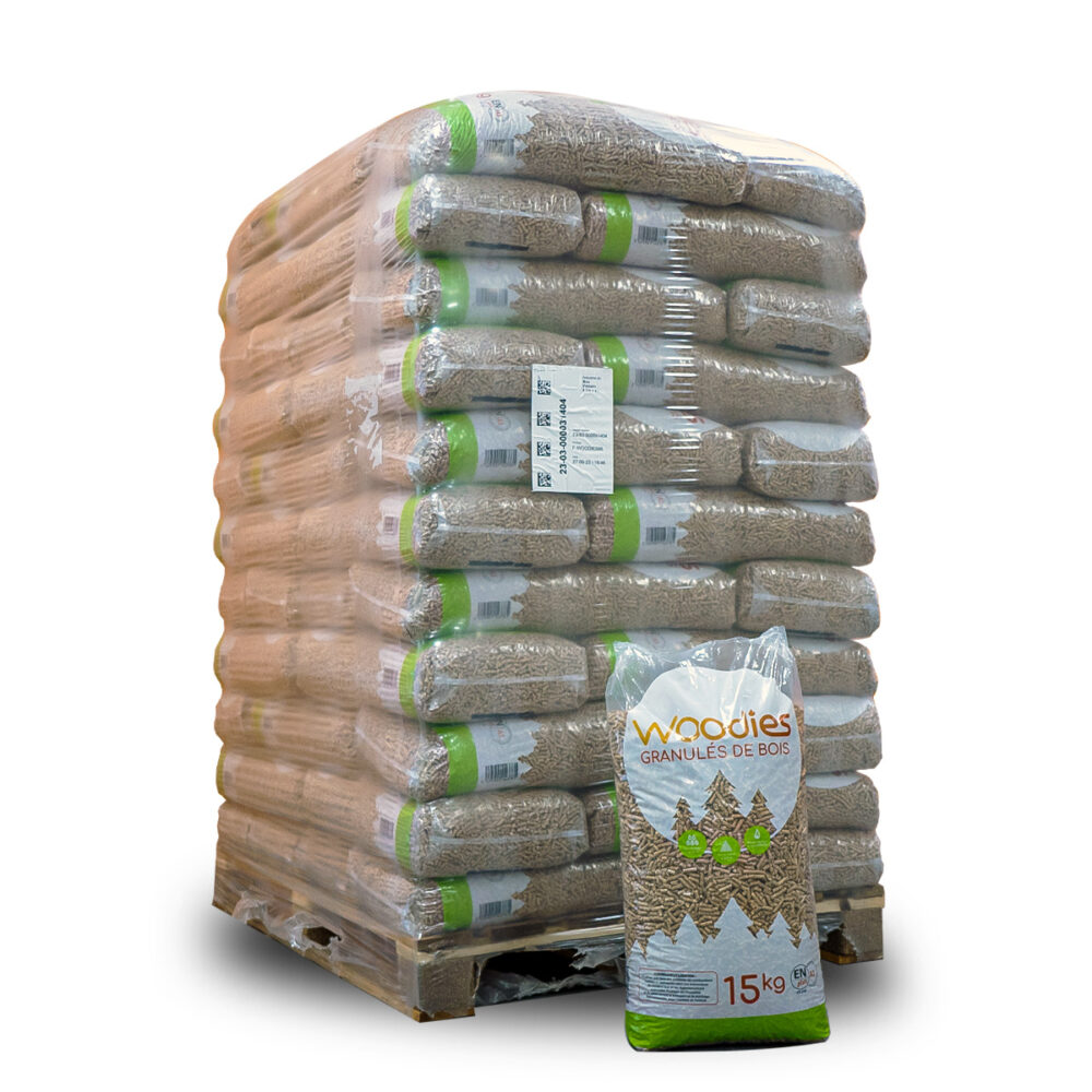 Palette de 65 sacs de Pellet de bois Woodies - Din+, PEFC 100% résineux 🇧🇪