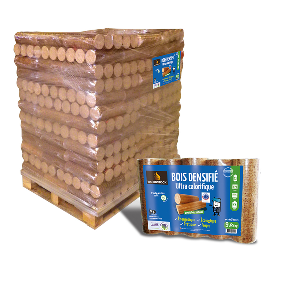 palette de 104 Packs de 5 Bûches de bois densifié - 100% bois français 🇫🇷